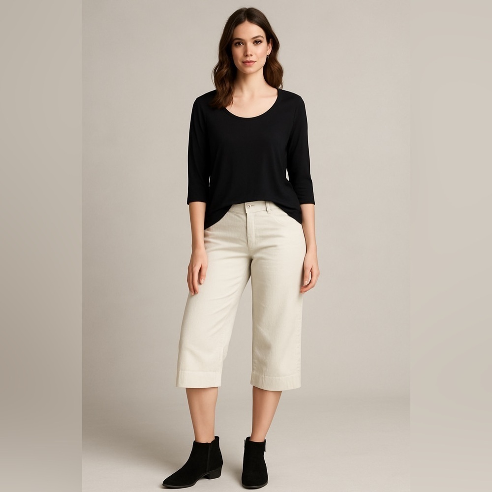 Chicos White Ribbed Cropped Pants Wide Leg Low Rise Modest Preppy 2 Coastal